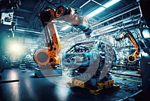 Car factory assembly line with automatic robotic arms working. Generative AI