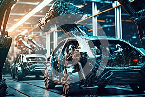 Car factory assembly line with automatic robotic arms working. Generative AI