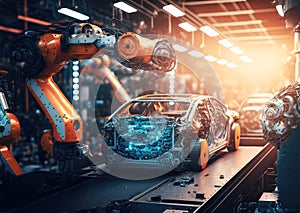 Car factory assembly line with automatic robotic arms working. Generative AI