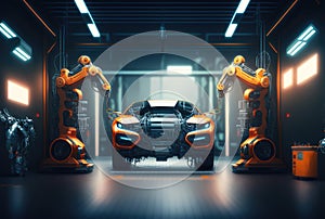 Car factory assembly line with automatic robotic arms working. Generative AI