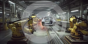 Car Factory. Automated robot arm assembly line manufacturing advanced high-tech vehicles. Construction, building