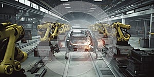 Car Factory. Automated robot arm assembly line manufacturing advanced high-tech vehicles. Construction, building