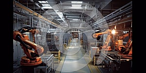 Car Factory. Automated robot arm assembly line manufacturing advanced high-tech vehicles. Construction, building