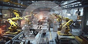 Car Factory. Automated robot arm assembly line manufacturing advanced high-tech vehicles. Construction, building