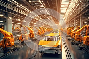 Car factory, automated robot arm assembly line manufacturing high-tech green energy electric vehicles.