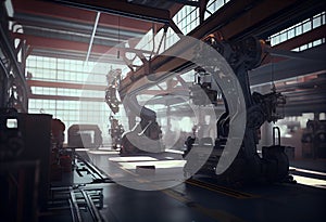 Car Factory automation Concept: Automated Robot Arm Assembly Line Manufacturing. Car Factory Digitalization Industry 4.0