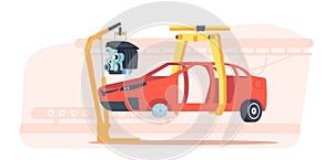 Car Factory, Automobile Production Industry with Vehicle Body Hang on Robotics Arm. Automotive Manufacture Line