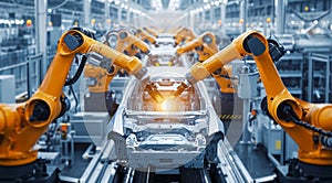 Car factory conveyor belt assemblance line production with robots and artificial intelligence