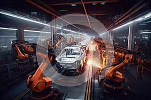 a car factory in motion, with robotic arms and welding torches building a new vehicle