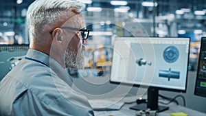 Car Factory Office: Male Chief Automotive Engineer Sitting at His Desk Working on Computer