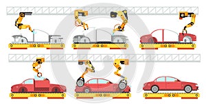 Car factory. Robotic automotive assembly line with automobiles. Conveyor for car assembly vector manufacturing concept