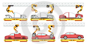 Car factory. Robotic automotive assembly line with automobiles. Conveyor for car assembly vector manufacturing concept photo