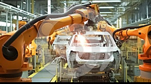 Car Factory. Robots in a car factory. Automated robot arm assembly line manufacturing high-tech.