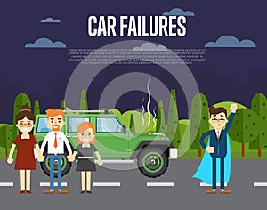 Car failures concept with people near broken car
