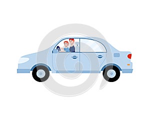 Car with father teaching his boy child to drive, cartoon vector illustration.