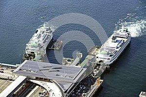 Car Ferries arrive at the Seattle port.