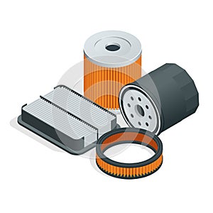 Car filters isometric set. Car parts. Filters for cars flat 3d vector illustration.