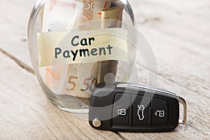 Car finance concept - money glass with word Car payment