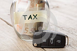 Car finance concept - money glass with word Tex, car key