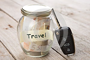 Car finance concept - money glass with word Travel, car key and roadmap