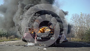 Car On Fire On The Road. Car Explosion.