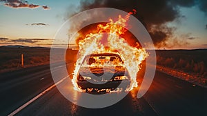 A car on fire on the side of the road