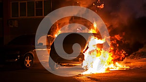 Car in flames at night