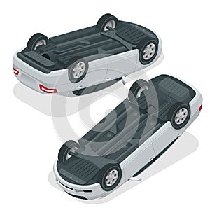 Car flipped. Car turned over after accident. Vehicle flipped onto roof. Vector isometric illustration.