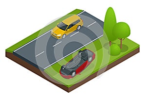 Car flipped. Car turned over after accident. Vehicle flipped onto roof. Car insurance. Protection from danger, providing photo