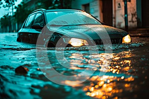 Car flooded in the city by water in a catastrophe. Overflowing river, climate change concept
