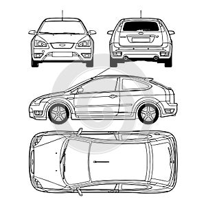 Car Focus 2 3Doors - Vector drawing 4 camera angles, 4 views Vector ClipArt for tshirt and emblem