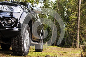 Car on the forest road. Autumn backgrounds