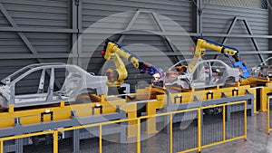 Car frame on slide conveyor on the Automobile Plant with Spot Welding Robots