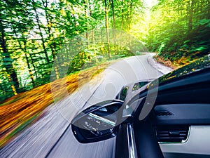 Car front mirror driving fast into forest