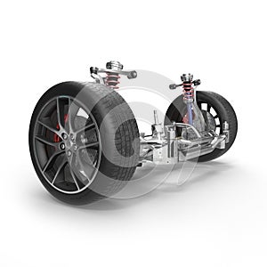 Car front suspension with disc brake on white. 3D illustration