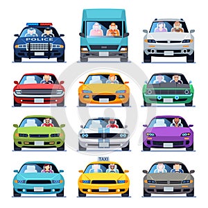 Car front view. Auto automotive people man woman child family urban drivers traffic vehicles driving cars set flat set