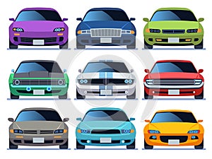 Car front view set. Urban traffic vehicle model cars icon transport color fast auto road city traffic driving set