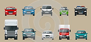 Car front view set. Vehicles driving in the city. Vector flat style cartoon illustration isolated on grey background