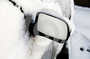 A Car front Wing mirror in the snow.