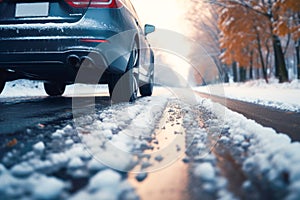 Car on a frosty and snowy road.