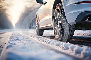 Car on a frosty and snowy road.