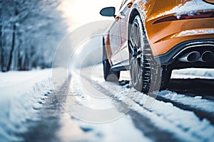 Car on a frosty and snowy road.