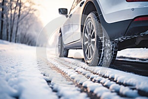 Car on a frosty and snowy road.