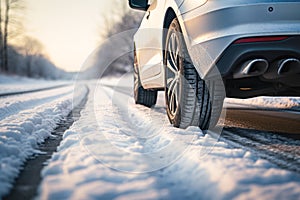 Car on a frosty and snowy road.