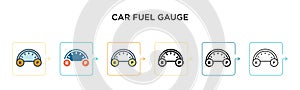 Car fuel gauge vector icon in 6 different modern styles. Black, two colored car fuel gauge icons designed in filled, outline, line