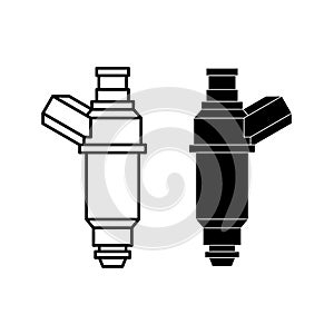 Car fuel injector illustration. Engine injection element. Line style and silhouette versions.