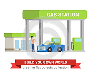 Car fuel refill process at gas refuel station in flat vector