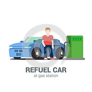 Car fuel refill process at gas refuel station in flat vector