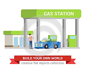 Car fuel refill process at gas refuel station in flat vector photo