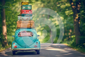 A car full of suitcases and bags to go on summer vacation, Road trip summer vacation